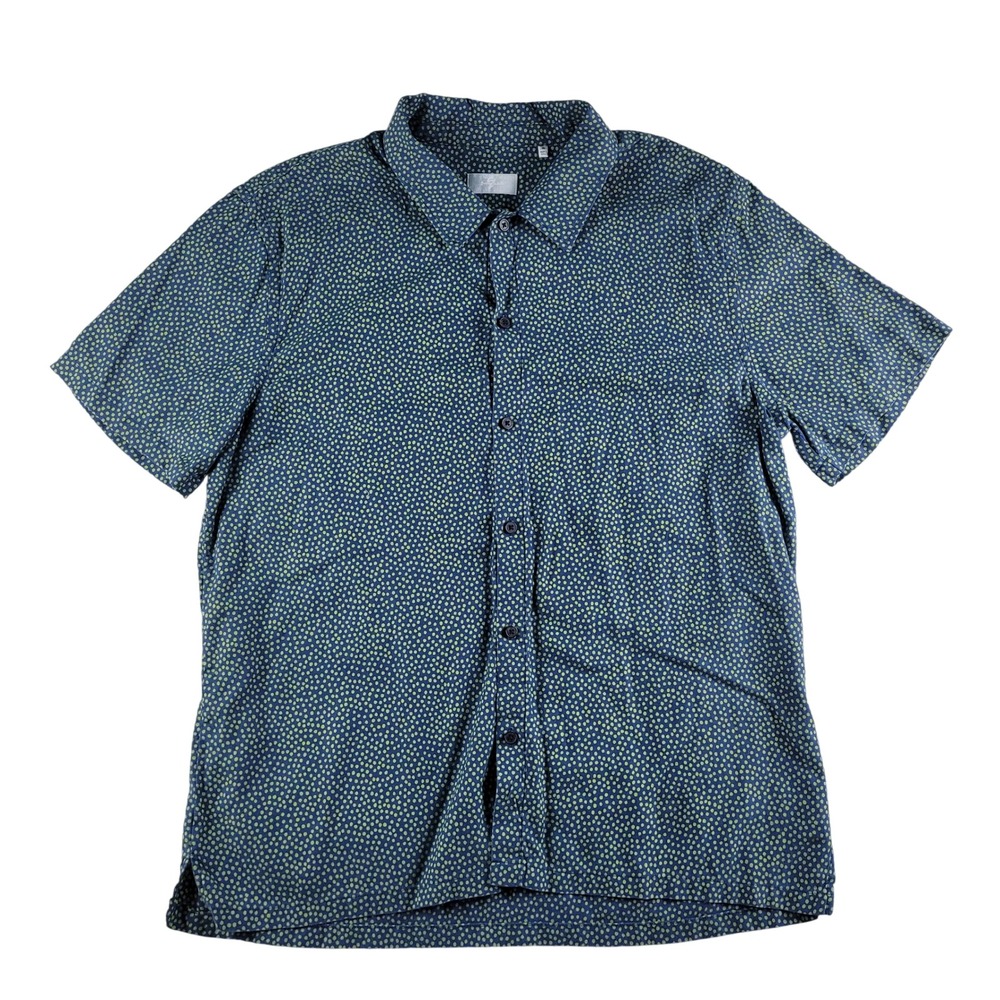 7 For All Mankind Button Down Mens Size XL Blue Green Polka Dot Geo Short Sleeve